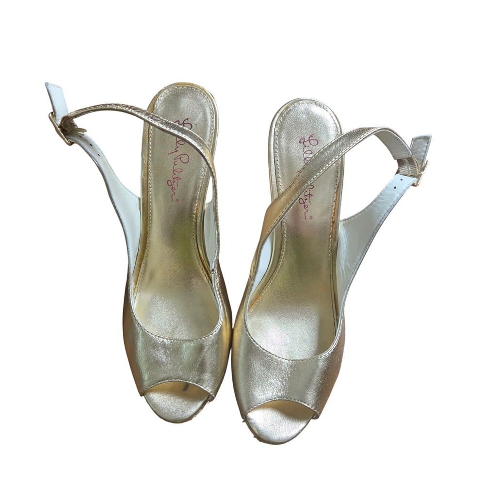 Lilly Pulitzer Kristin Metallic Gold Sheen Peep Toe Slingback Wedge Sandals 9M